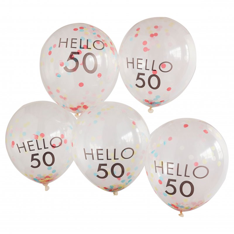 5 Balões com Confetti Hello 50