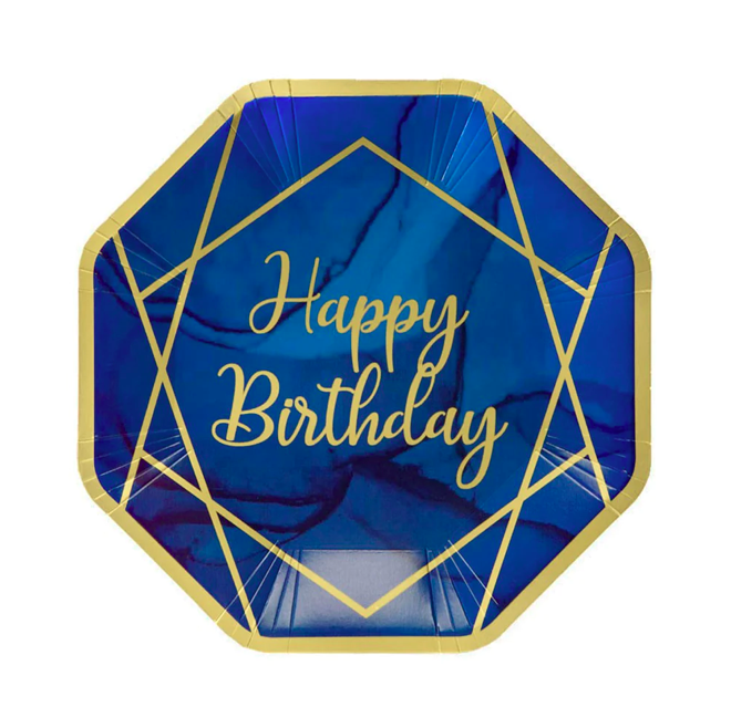 Pratos Happy Birthday Azul e Dourado