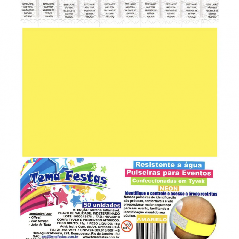50 Pulseiras de Identificação Amarelo