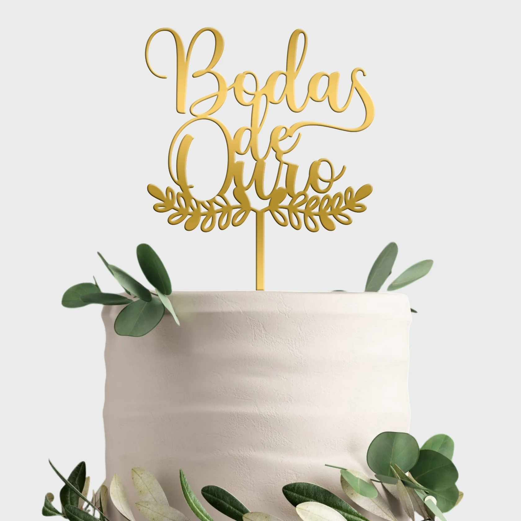 Topo de Bolo Acrílico Espelhado Bodas de Ouro Folhagem
