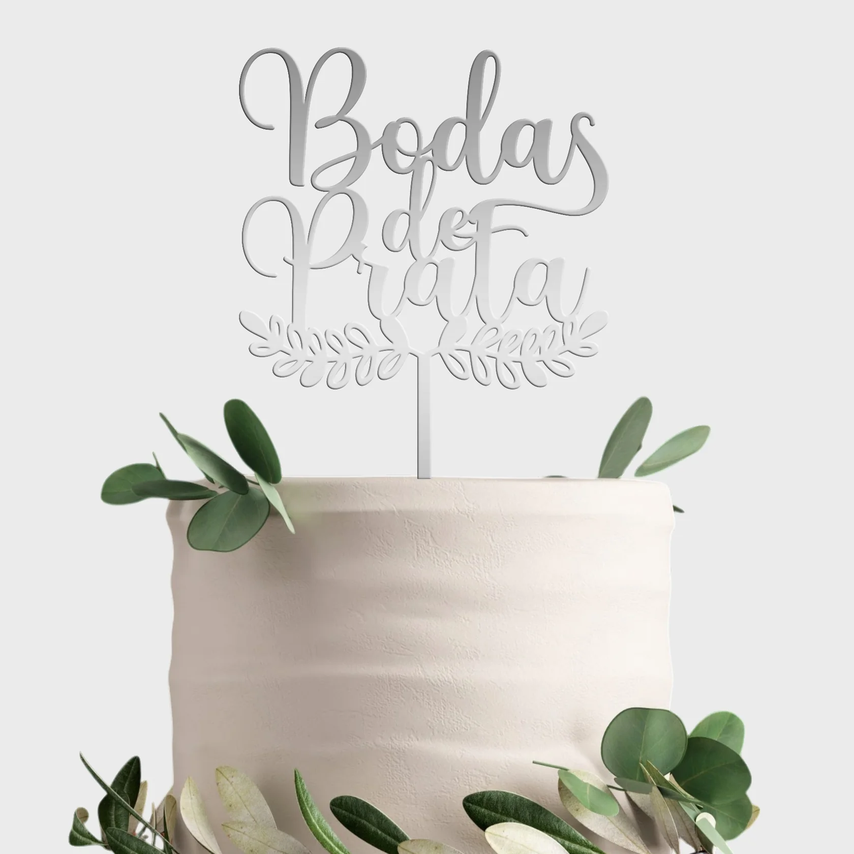 Topo de Bolo Acrílico Espelhado Bodas de Prata Folhagem