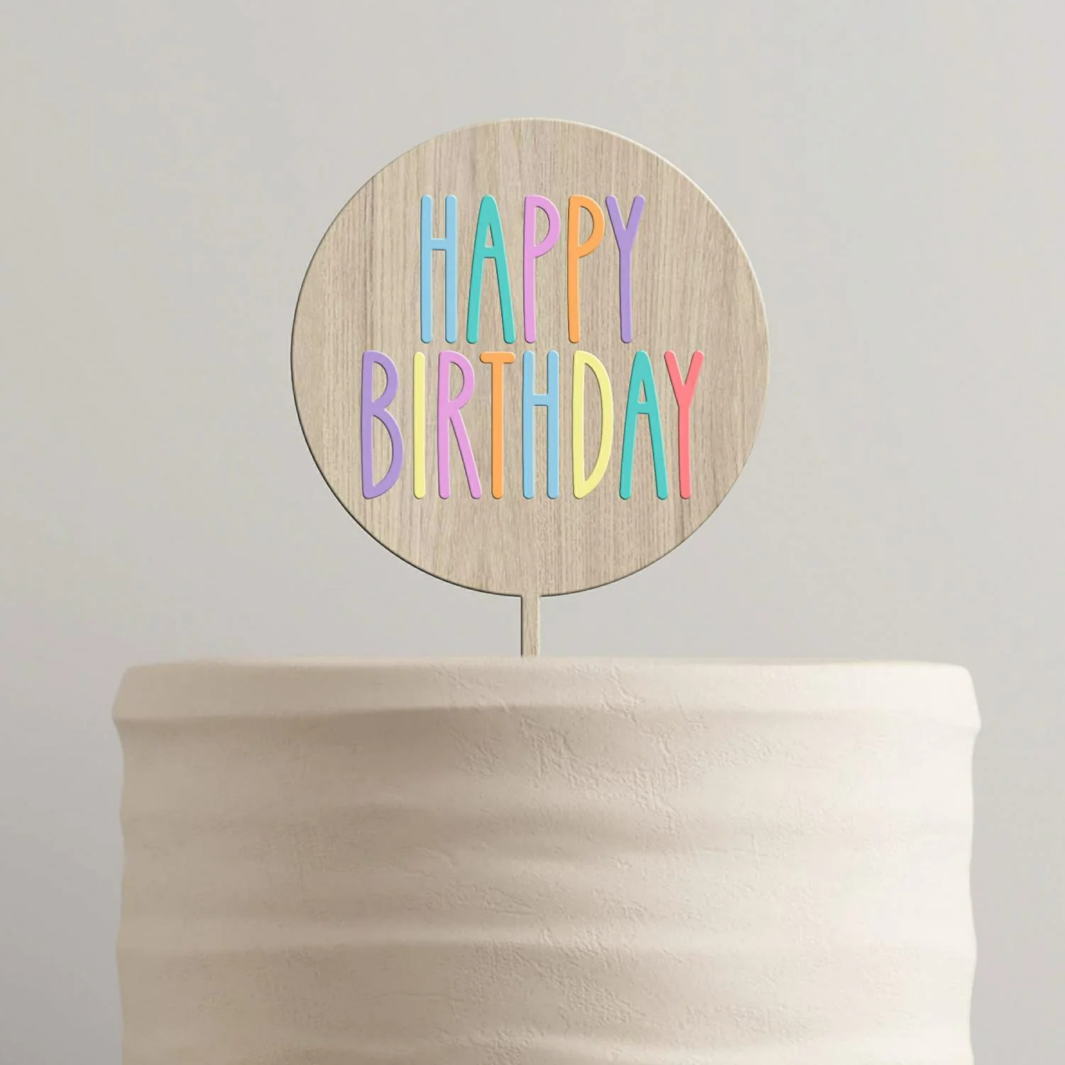 Topo de Bolo Happy Birthday Redondo MDF e Acrílico Pastel