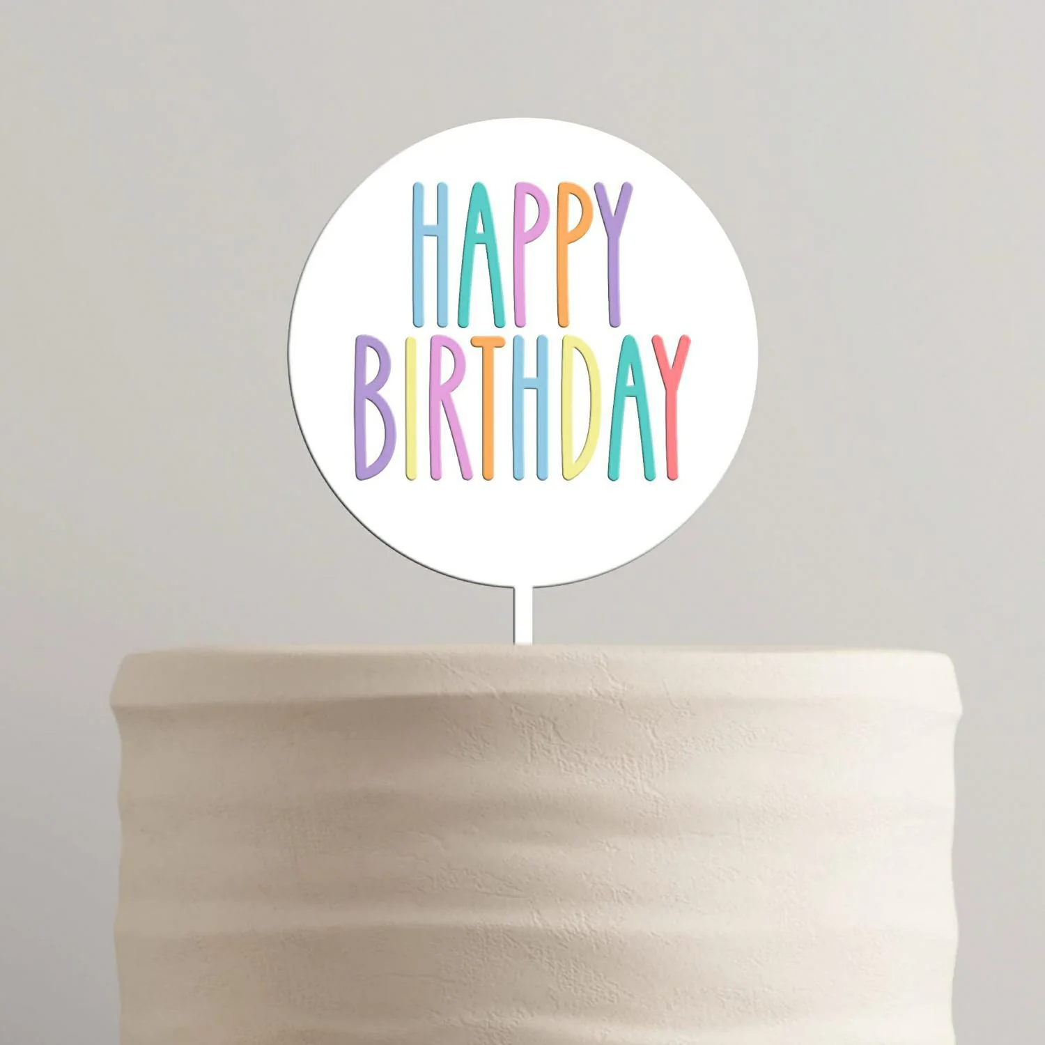 Topo de Bolo Happy Birthday Redondo MDF Branco e Acrílico Pastel