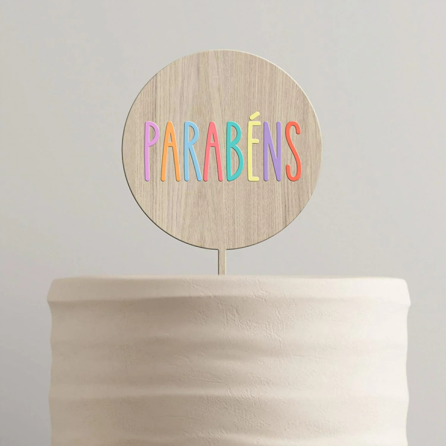 Topo de Bolo Parabéns Redondo MDF e Acrílico Pastel