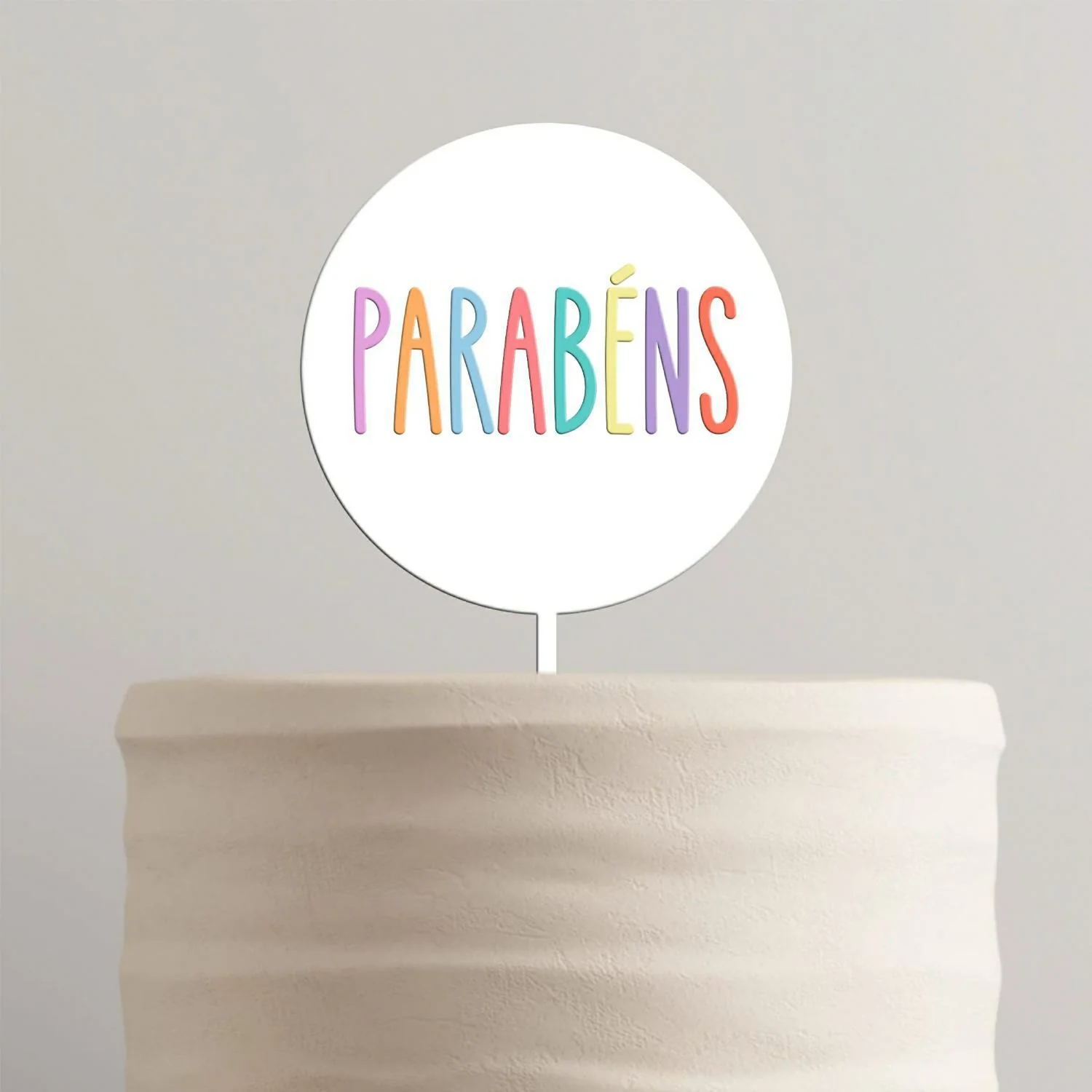 Topo de Bolo Parabéns Redondo MDF Branco e Acrílico Pastel