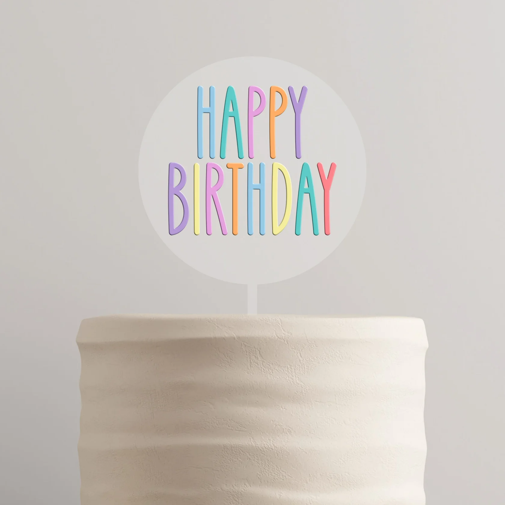 Topo de Bolo Happy Birthday Redondo Acrílico Transparente e Pastel