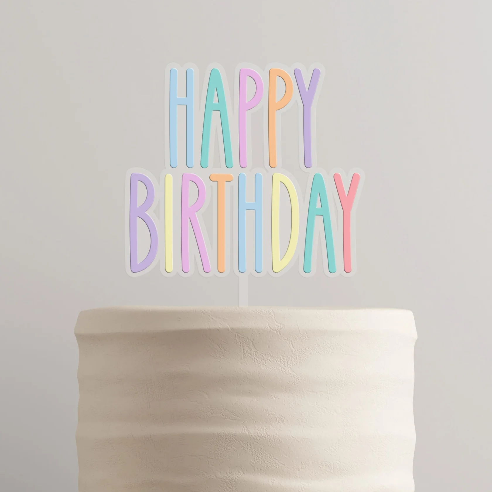 Topo de Bolo Happy Birthday Acrílico Transparente e Pastel