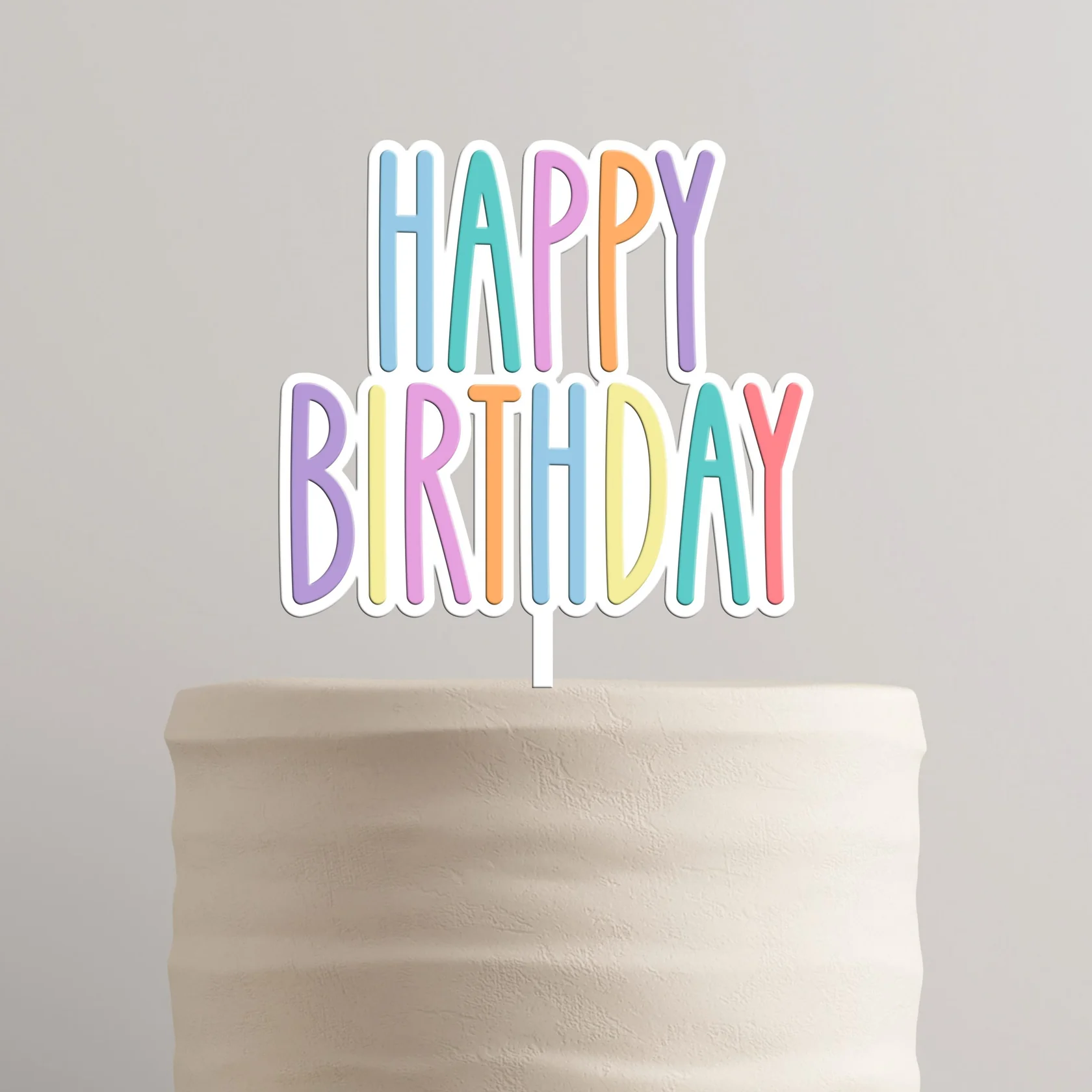 Topo de Bolo Happy Birthday MDF Branco e Acrílico Pastel