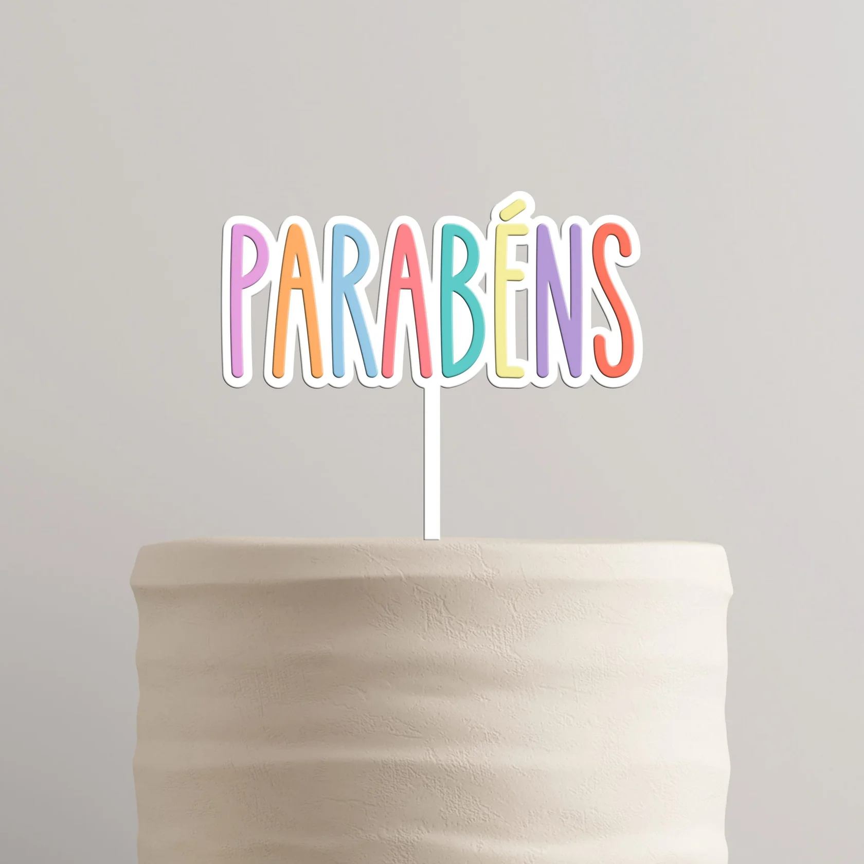 Topo de Bolo Parabéns MDF Branco e Acrílico Pastel