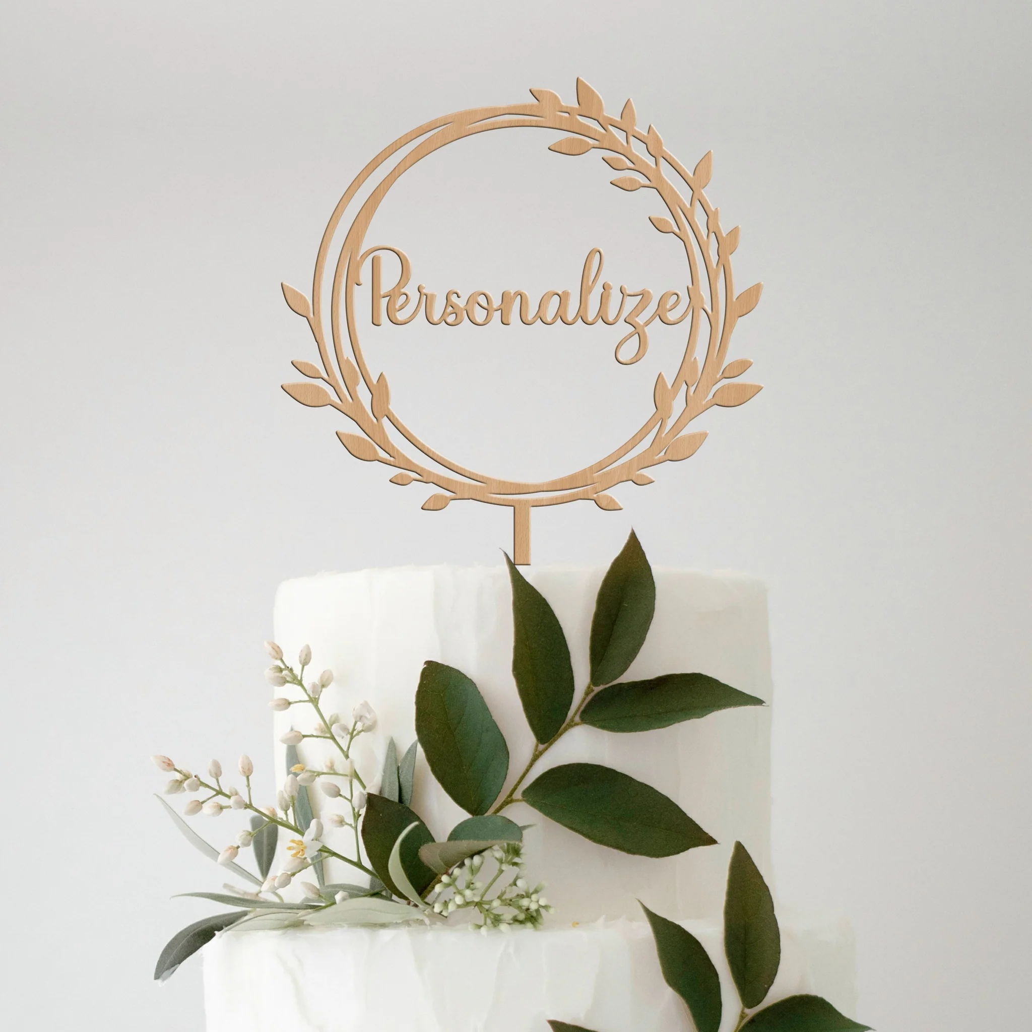 Topo de Bolo Personalizável MDF Moldura Folhagem 2