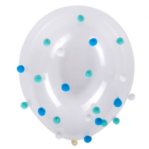 5 Balões com Pompons Azul, Turquesa e Branco