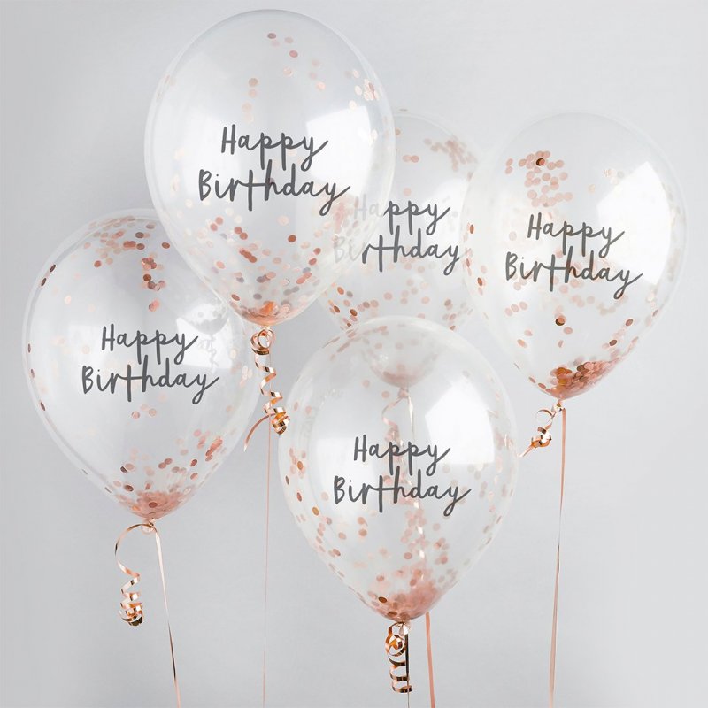 5 Balões Happy Birthday com Confetti Rose Gold
