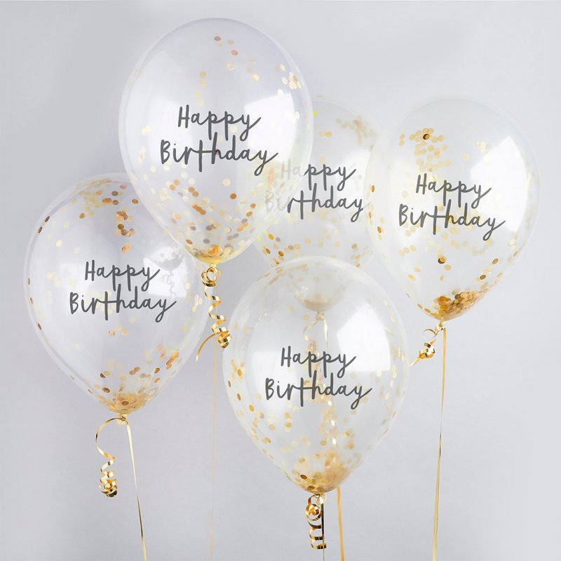5 Balões Happy Birthday com Confetti Dourado