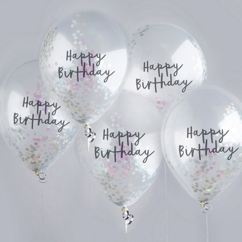 5 Balões Happy Birthday com Confetti Iridescente