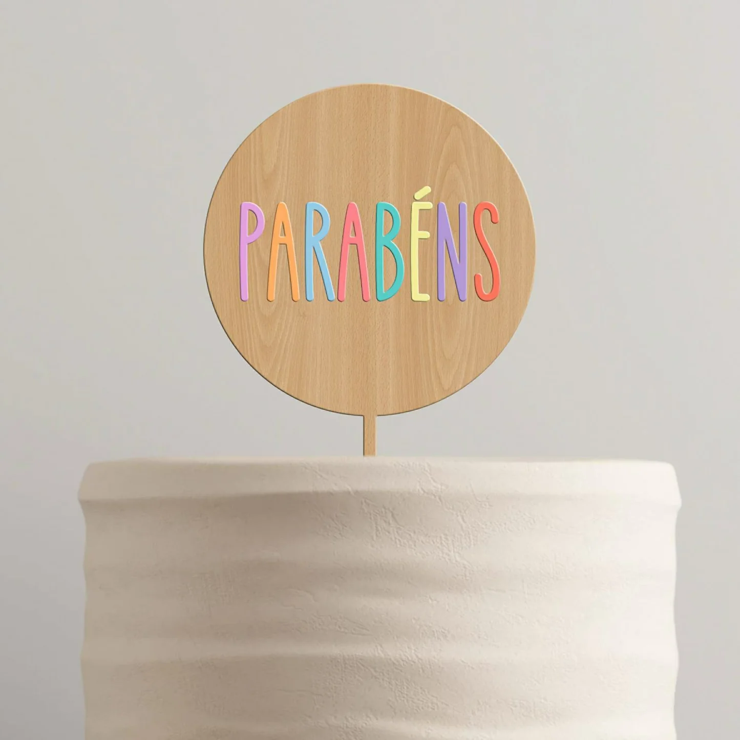 Topo de Bolo Parabéns Redondo MDF e Acrílico Pastel