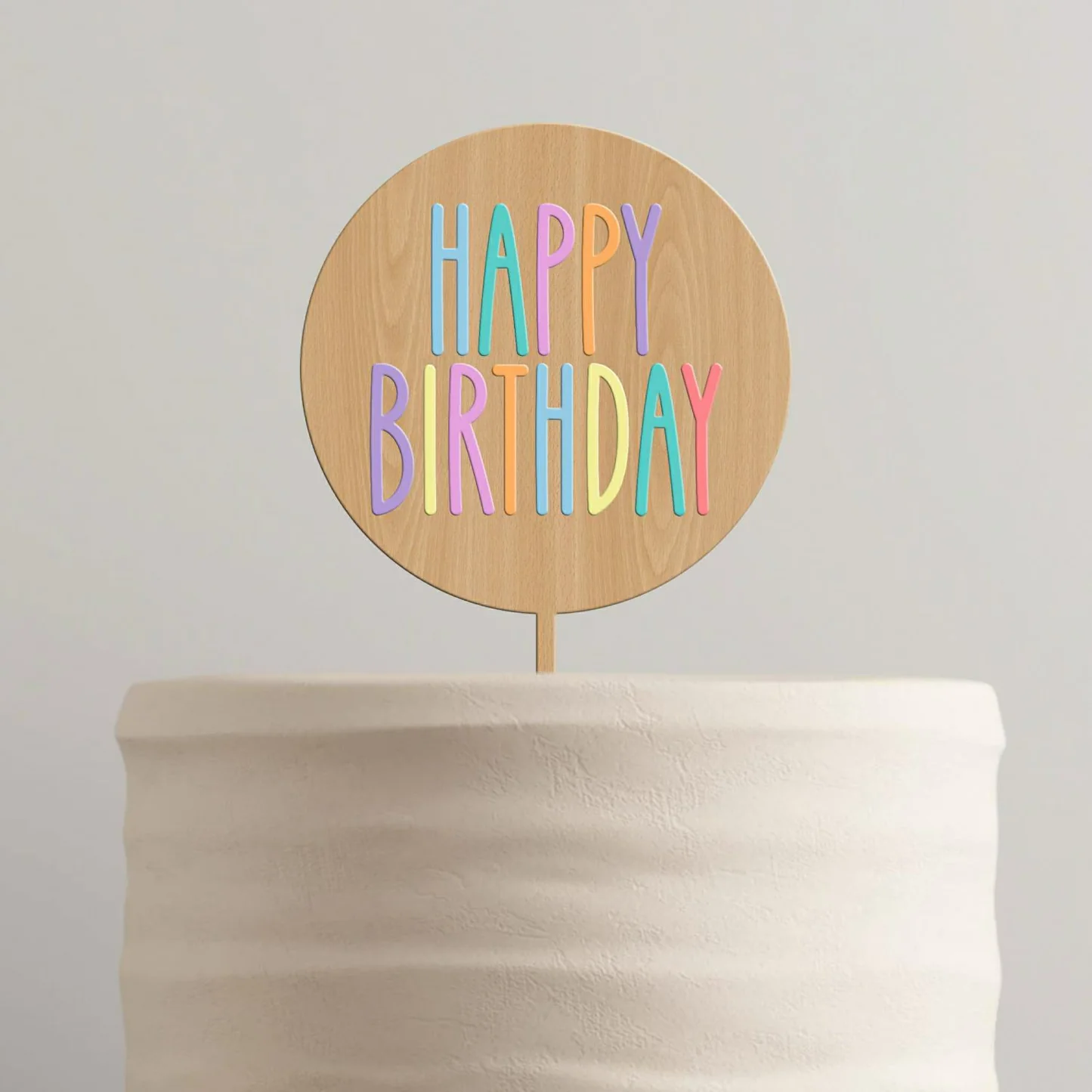 Topo de Bolo Happy Birthday Redondo MDF e Acrílico Pastel