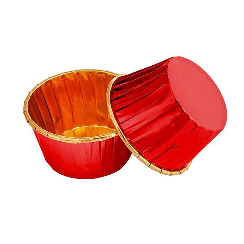 50 Mini Forminhas de Cupcake Vermelho Metalizado e Dourado