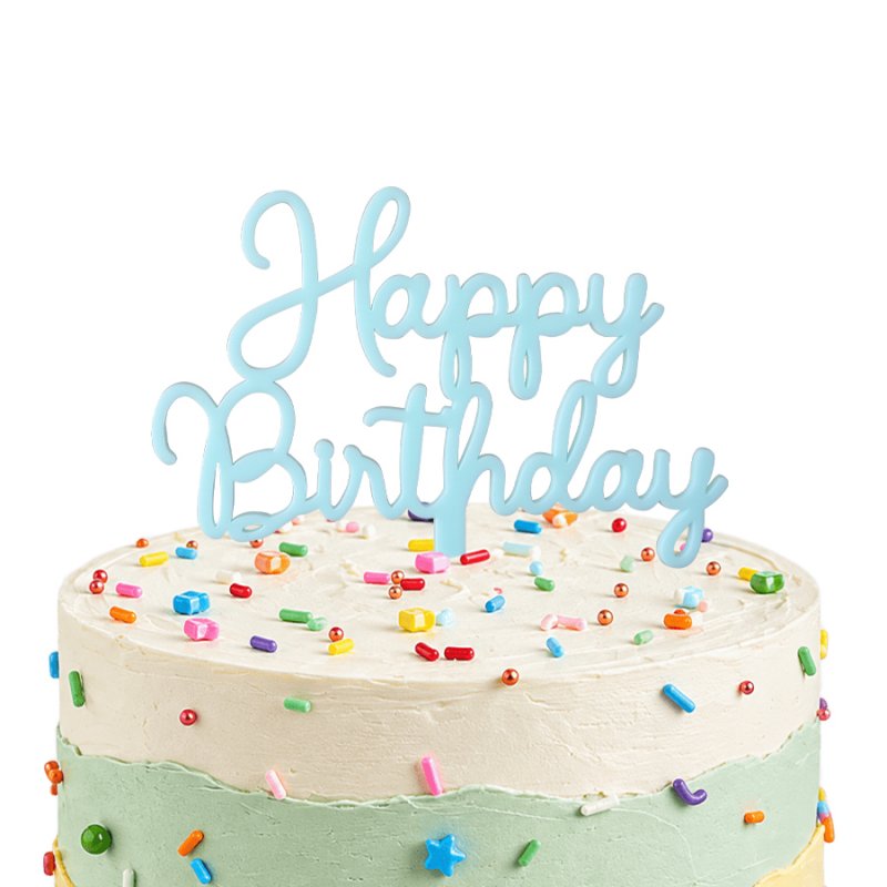 Topo de Bolo Acrílico Happy Birthday Azul Claro