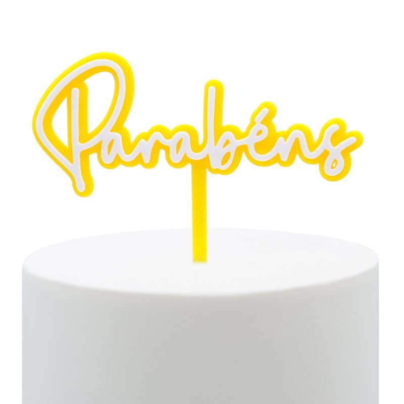 Topo de Bolo Acrílico Parabéns Amarelo e Branco