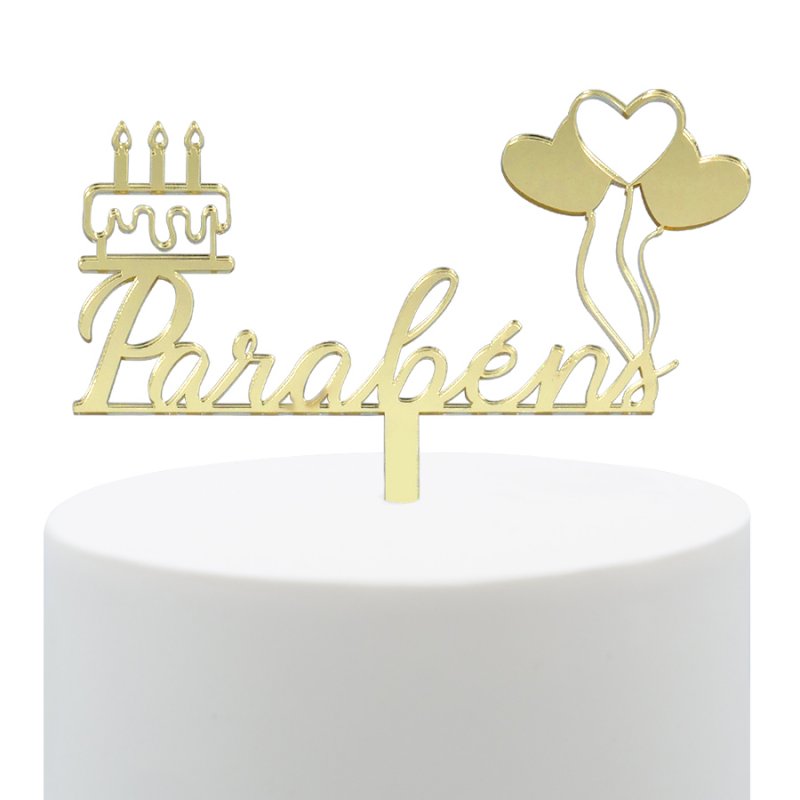Topo de Bolo Acrílico Parabéns Dourado