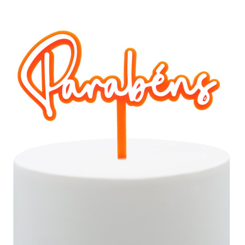 Topo de Bolo Acrílico Parabéns Laranja e Branco