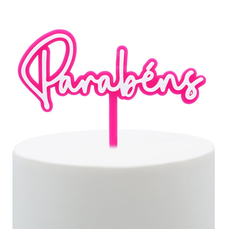 Topo de Bolo Acrílico Parabéns Rosa e Branco