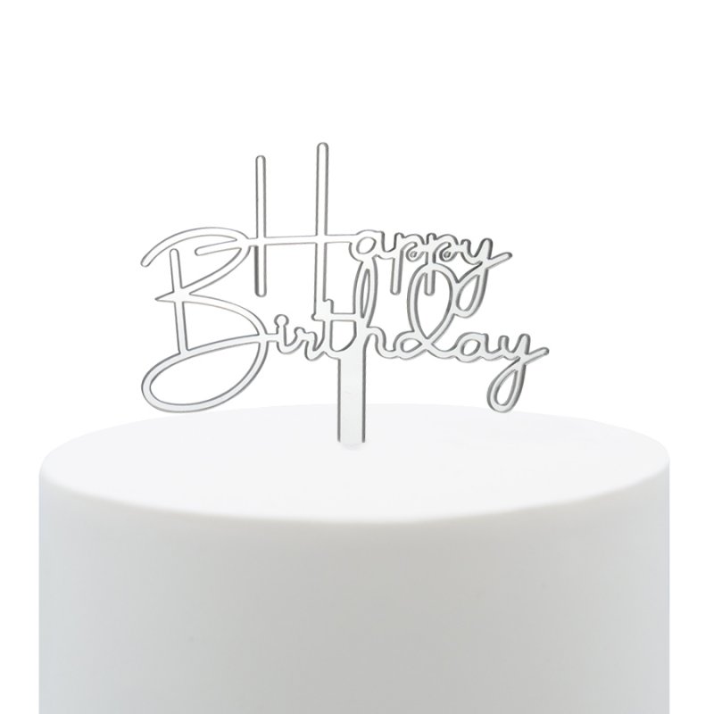 Topo de Bolo Acrílico Happy Birthday Prata