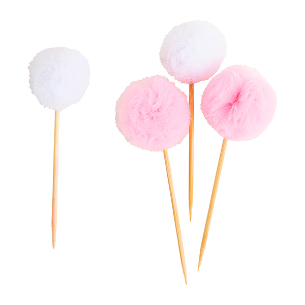 Picks Pompons Tulle Rosa e Branco