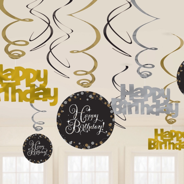 Swirls Happy Birthday Preto/Prata/Dourado Swirls Happy Birthday Preto/Prata/Dourado