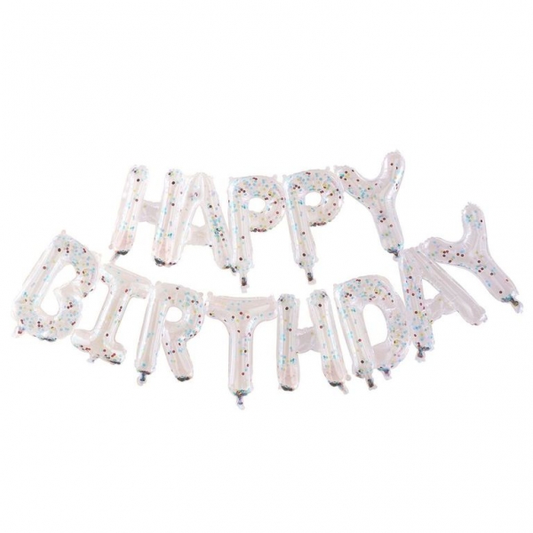 Grinalda Balões Happy Birthday Transparente com Confetti