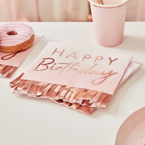 Guardanapos Happy Birthday Rose Gold Franjados