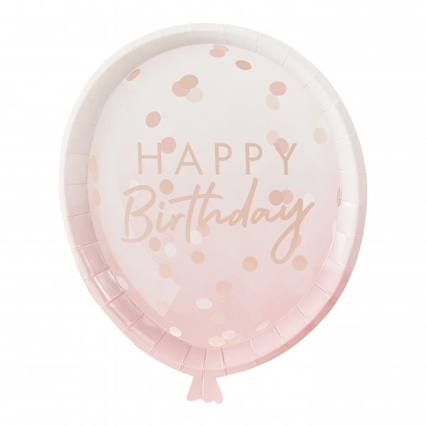 Pratos Balões Happy Birthday Rose Gold