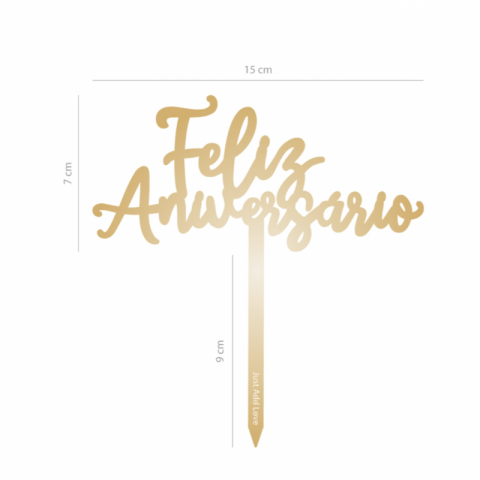 Topo de Bolo Acrílico Feliz Aniversário Dourado