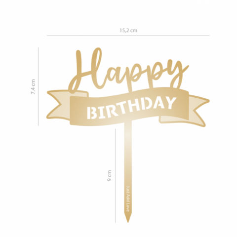 Topo de Bolo Acrílico Happy Birthday Dourado