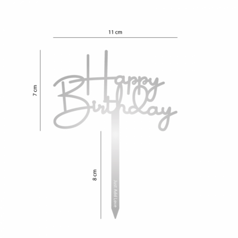 Topo de Bolo Acrílico Happy Birthday Prata
