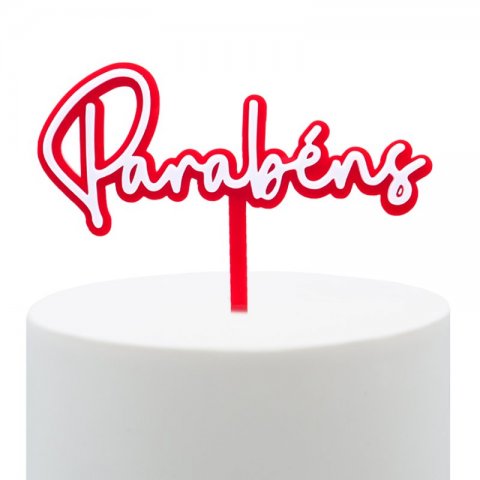 Topo de Bolo Acrílico Parabéns Vermelho e Branco