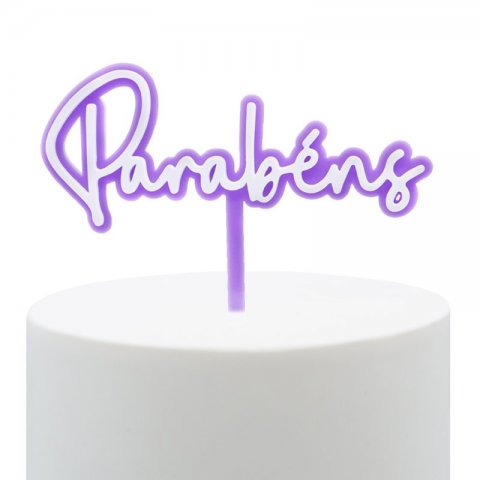 Topo de Bolo Acrílico Parabéns Violeta e Branco