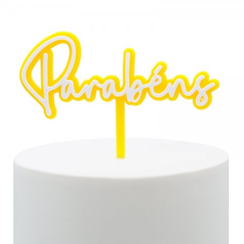 Topo de Bolo Acrílico Parabéns Amarelo e Branco
