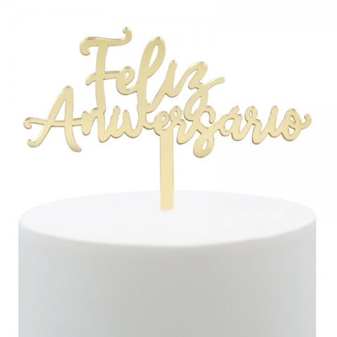 Topo de Bolo Acrílico Feliz Aniversário Dourado