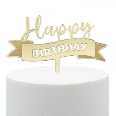 Topo de Bolo Acrílico Happy Birthday Dourado
