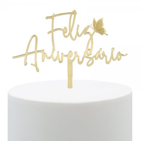Topo de Bolo Acrílico Feliz Aniversário Borboleta