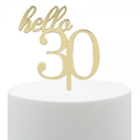 Topo de Bolo Acrílico Hello 30 Dourado