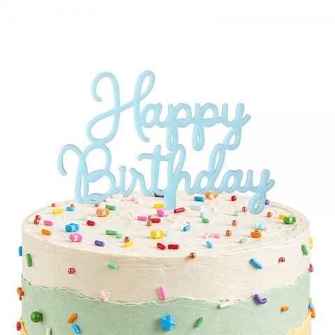 Topo de Bolo Acrílico Happy Birthday Azul Claro