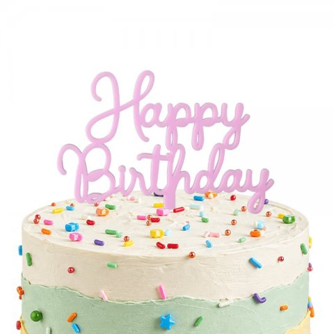 Topo de Bolo Acrílico Happy Birthday Rosa Claro