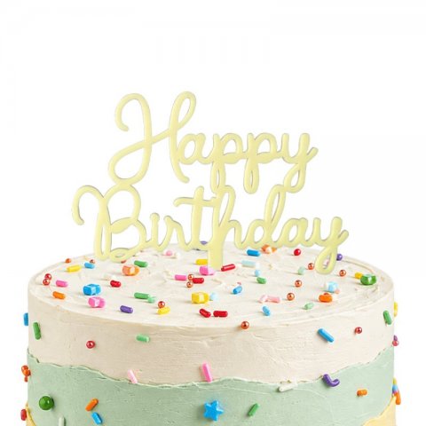 Topo de Bolo Acrílico Happy Birthday Amarelo