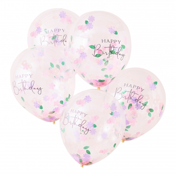 Balões com Confetti Flores Happy Birthday