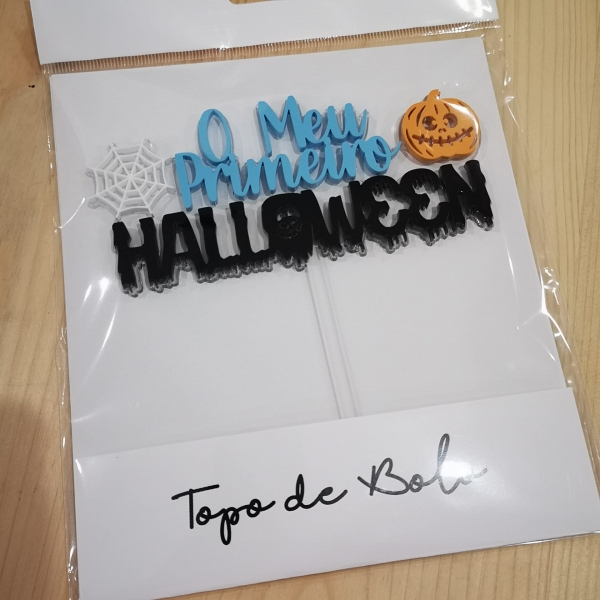 Topo de Bolo Acrílico O Meu Primeiro Halloween Azul