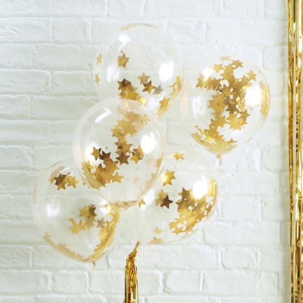 5 Balões com Confetti Estrelas Douradas