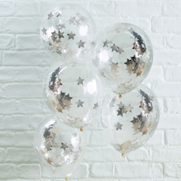5 Balões com Confetti Estrelas Prata