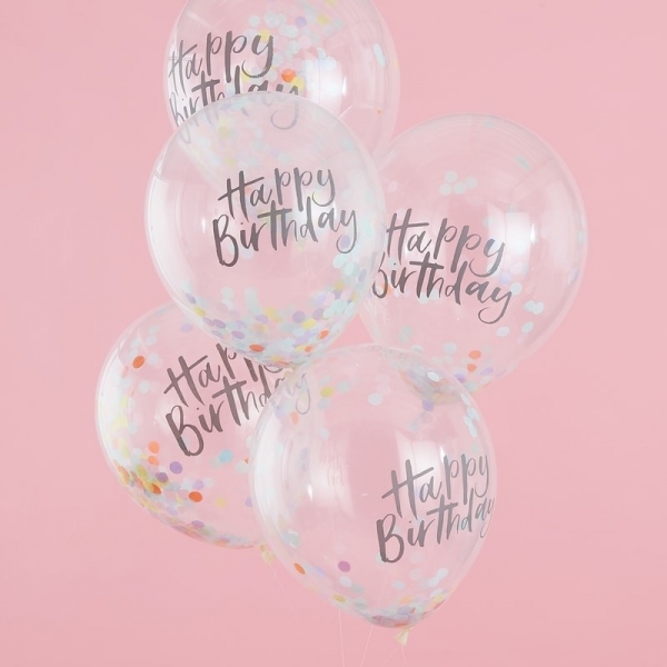 Balões com Confetti Happy Birthday